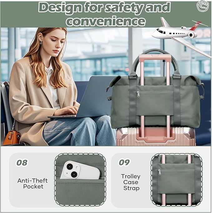 Small Gym Duffel Bag, Travel Weekender Bags for Women, Overnight Gym Carry On Tote Bag with Wet Pocket, Hospital Mom Bag for Labor and Delivery - Green