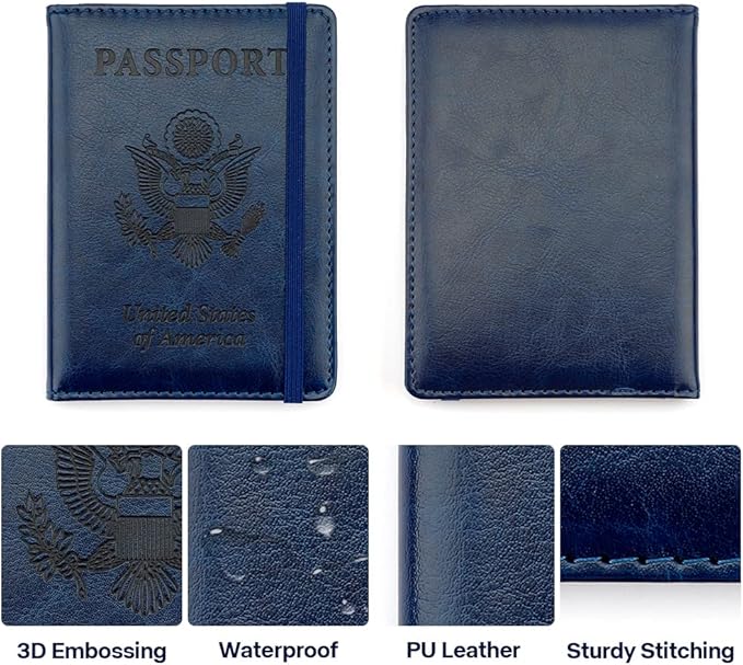 Passport Holder for Travel,Leather Passport Holder RFID Blocking Passport Cover Wallet Passport Case with Pen Holder Passport Holders for Travel Women Men Family Travels Must Haves Essential,Navy Blue