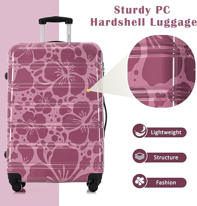 Merax Luggage Sets 3 Piece, Hardside Suitcase Set with Spinner Wheels, Lightweight 20+24+28 IN Suitcase with Carry on Luggage, Purple Pink