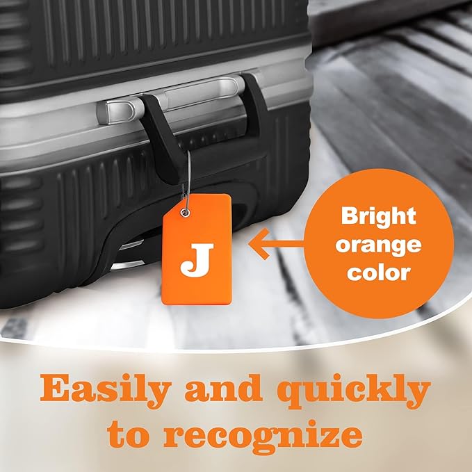Gostwo 8 Pack Luggage Tags for Suitcases, 26 Initial Letter Travel Luggage Baggage Identification Labels ID Tags Fully Bendable Tags with Stainless Steel Loop (Letter J, Orange)