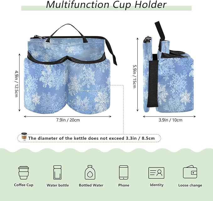 Luggage Cup Holder for Suitcases Free Hands Travel Cup Holder Portable Suitcase Cup Drink Holder Luggage Cup Caddy Bag Carrier Gradient Blue Winter Snowflakes
