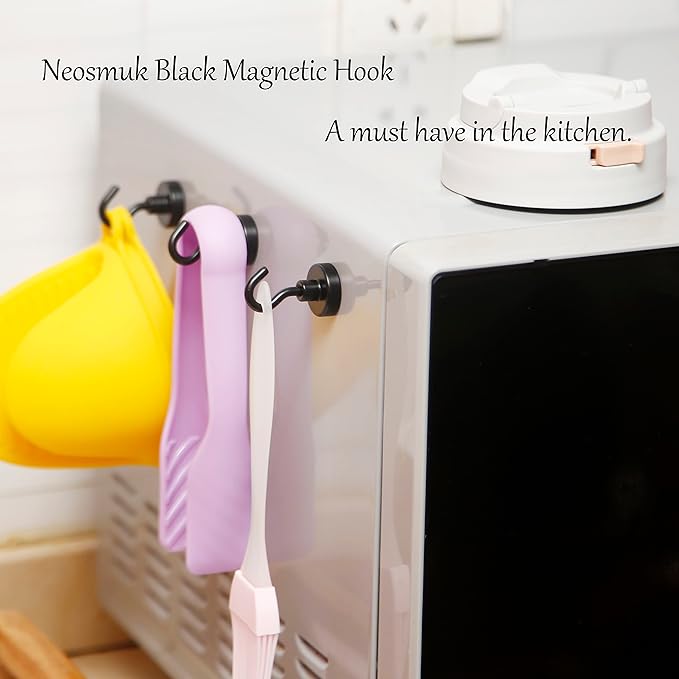 Neosmuk Black Magnetic Hooks,Heavy Duty Earth Magnets with Hook for Refrigerator, Extra Strong Cruise Hook for Hanging, Magnetic Hanger for Cabins, Grill (Matte Black, 6 Pack)