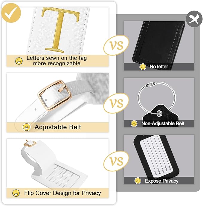 Initial Letter Luggage Tag for Suitcase, Cute Luggage Bag, Waterproof PU Leather Travel Luggage Tag, Suitcase Identifier Name Tag, Monogrammed Suitcases Tags, Bag Tags for Handbags(White T)