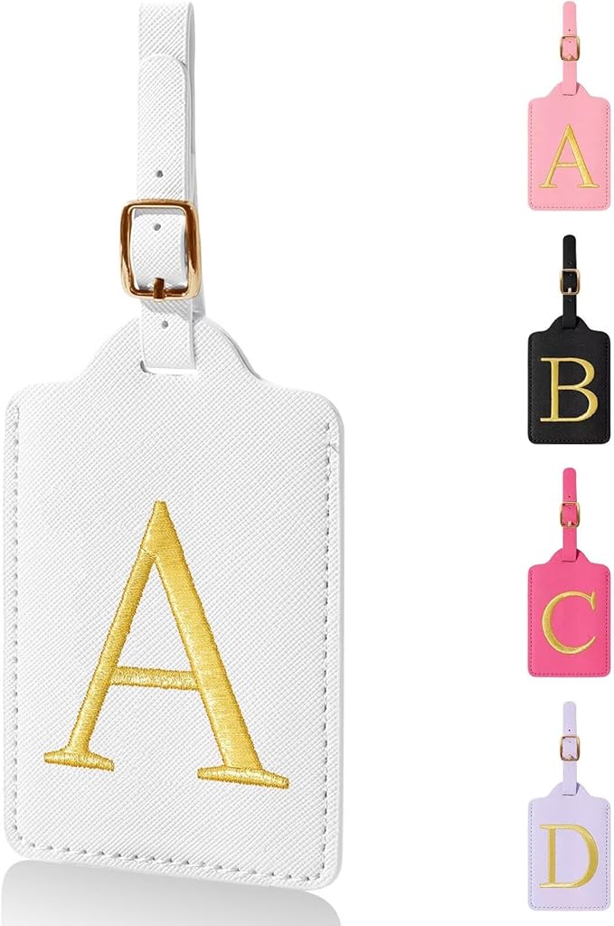 Personalized Initial Luggage Tags for Suitcases,Leather Letter Cute Luggage Tags with Privacy Name Card,Embroidered Monogrammed Travel Bag Backpack Tag Gifts for Women Kids Girls Teens(White-A)
