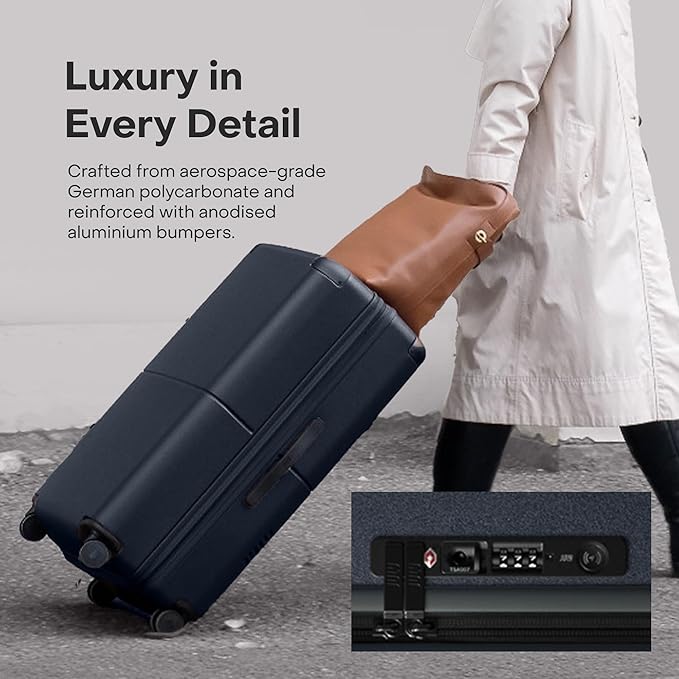 Checked Plus with CaseSafe - 28.75" Trackable TSA Lock Airline Approved Check In Luggage with Wheels, Rolling Suitcase for Men & Women - Silent Spinner Wheels, Y-Strap - Navy