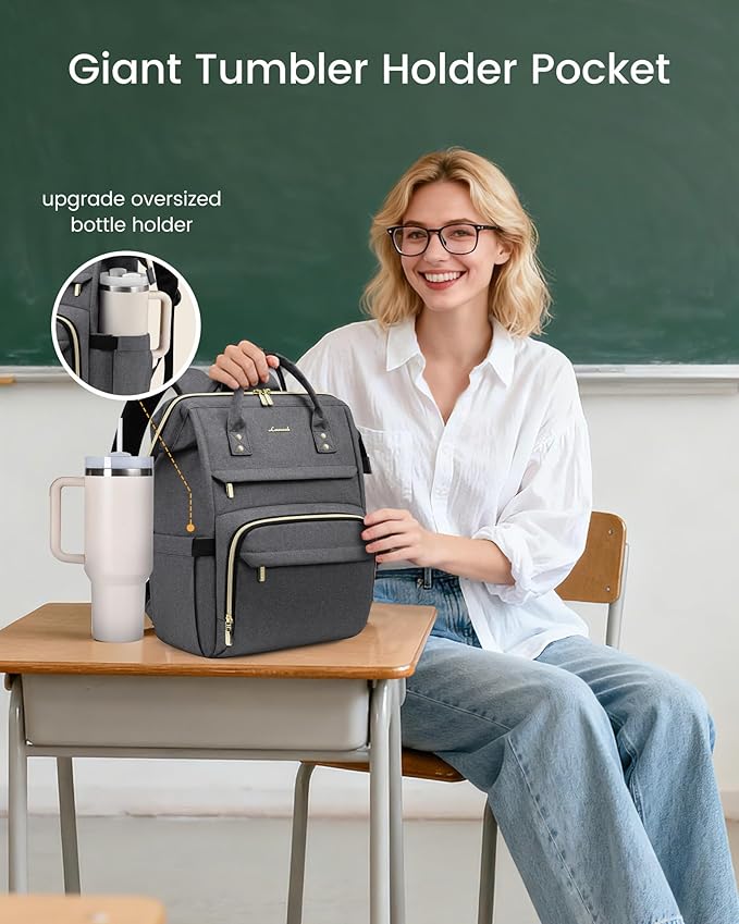 LOVEVOOK Laptop Backpack for Women with Giant Tumbler Holder Pocket,15.6 inch Waterproof Travel Backpack Purse Computer Laptop Bag,Professional Work College Nurse Teacher Backpack Daypack,Dark Grey