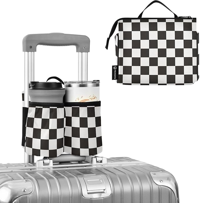 Checkered Black Luggage Cup Holder Travel Portable Free Hand Drink Carrier Suitcase Drinks Beverage Holder Carry-On Bottle Mug Holder Organizer Bag Travelers Accessories