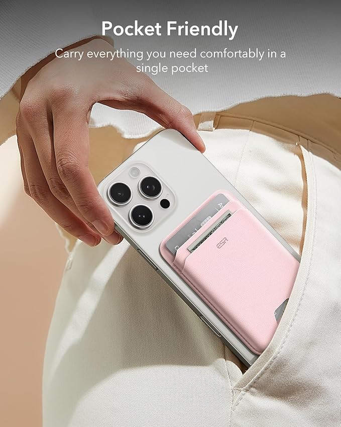ESR for MagSafe Wallet, 5 Card Holder with RFID Blocking, MagSafe Sticker Included, Slim Magnetic Wallet for iPhone 17e/17/16/15/14/13/12 Series and Selected Samsung Devices, Not for 13/12 Mini, Pink