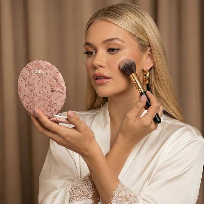 Fancii Taylor LED Lighted Travel Makeup Mirror, Rechargeable, 10x /1x Magnifying, Tru-Glow Lighting System, XL Large 5” Wide | Compact Mirror for Purses (Mocha Lace)