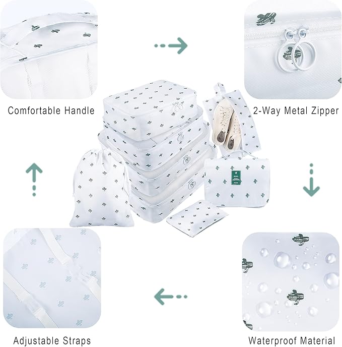 Packing Cubes, 8 Pcs Travel Packing Organizers for Suitcases, Large Capacity Travel Luggage Organizers Set includes 8 Storage Bags for Women or Men (Cactus)