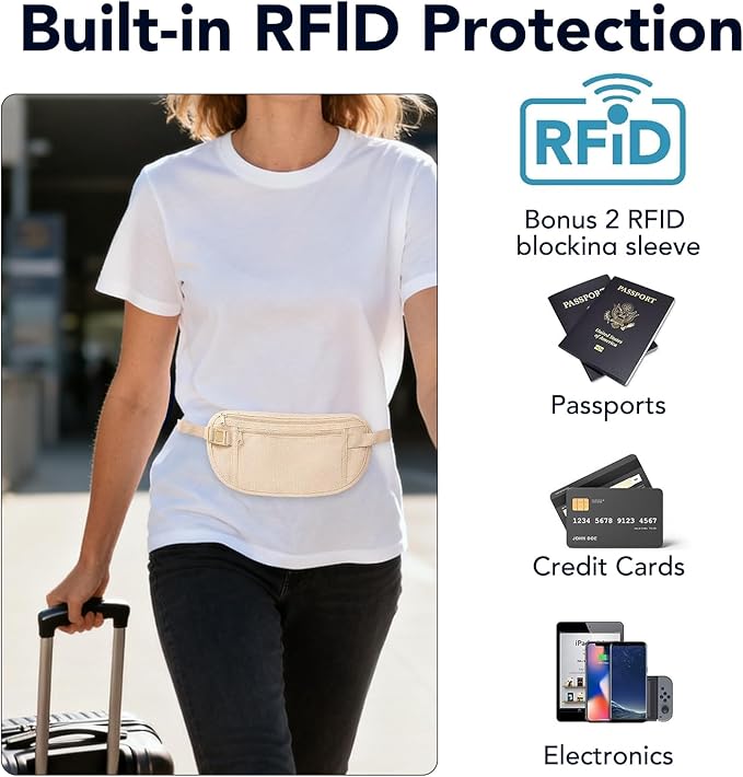 Money Belt for Travel with Anti-Theft RFID Blocking Cards Cover, Phone Wrist Strap, Passport Holder, Slim Waist Wallet Men Women, Money Pouch under Clothes for Travel, Running, Hiking, Beige