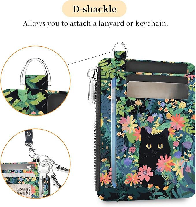 Hancynir Slim Wallet Women Credit Card Holder Flower Black Cat Green RFID Small Mini Card Case Front Pocket PU Leather Thin Travel Zipper Coin Cash ID Window Girls Wallet Gifts