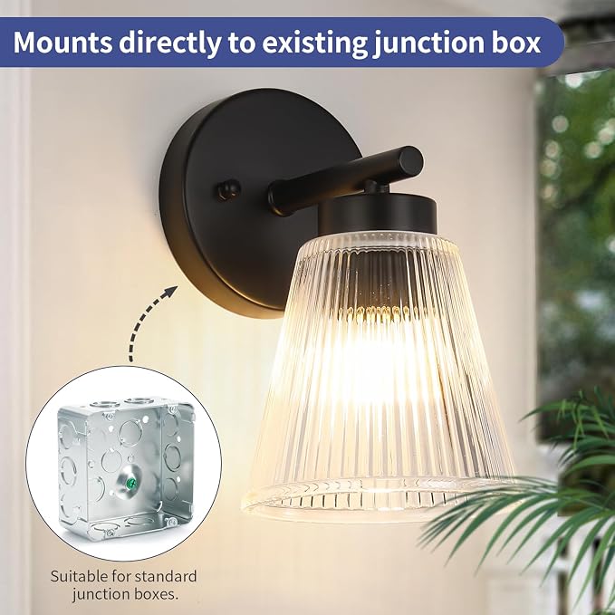 OCIOC Set of 2 Wall Sconces for Bathroom, Black Modern Vanity Light Fixtures with Striped Glass Shade, Mount Lighting Lanterns for Mirror, Living Room, Bedroom, Hallway, Farmhouse