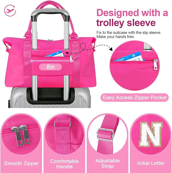 Dance Gym Duffel Bag for Teen Girls, Personalized Initial Travel Weekender Bag,Cute Overnight Carry On Duffle for Women,Sports Travel Cheer Bag,Monogram Christmas Gifts for Tween Preppy(rosered-N)