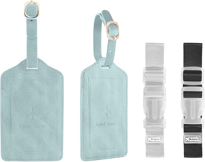 1 Pack Luggage Tag, PU Leather Suitcase Tags Identifiers Privacy Cover ID Label for Travel Bag Suitcase with 2 Pack Luggage Straps for Hats, Bags and Travel Accessories(L-Light Blue)