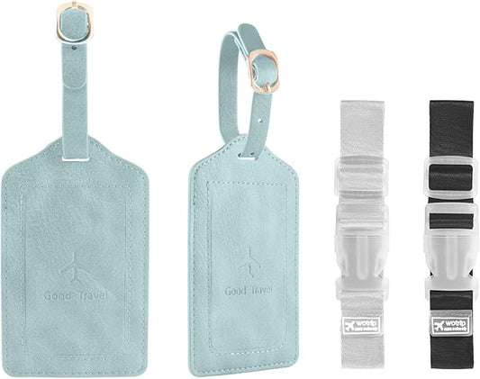 1 Pack Luggage Tag, PU Leather Suitcase Tags Identifiers Privacy Cover ID Label for Travel Bag Suitcase with 2 Pack Luggage Straps for Hats, Bags and Travel Accessories(L-Light Blue)