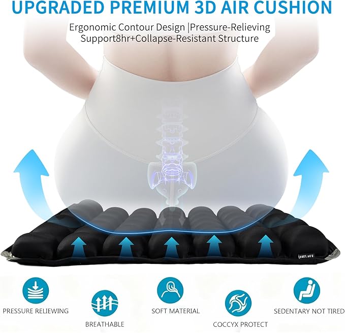 Inflatable Seat Cushion for Airplane: Coccyx Pressure Relief Sitting Cushion with 42 Interconnected Air Cells - Ergonomic Comfort Buttock Supports 380 lb for Travel/Wheel Chair/Car/Office/Stadium