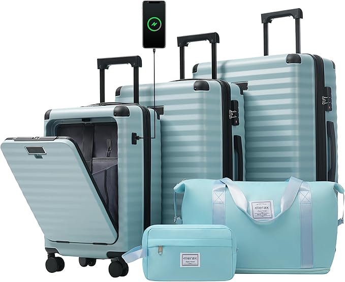 Merax Luggage Sets Front Opening, 3 Piece Hardshell Suitcase with Spinner Wheels and Bags,Lightweight Carry on Luggage with USB Port and Cup Holder,20+24+28,Light Blue