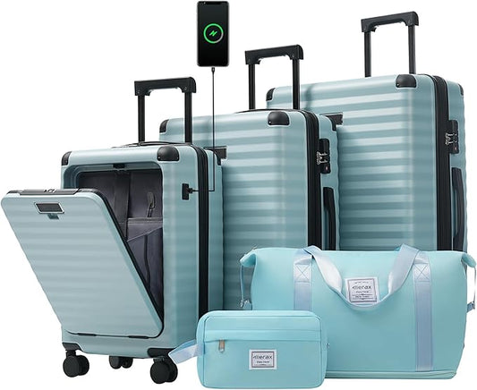 Merax Luggage Sets Front Opening, 3 Piece Hardshell Suitcase with Spinner Wheels and Bags,Lightweight Carry on Luggage with USB Port and Cup Holder,20+24+28,Light Blue