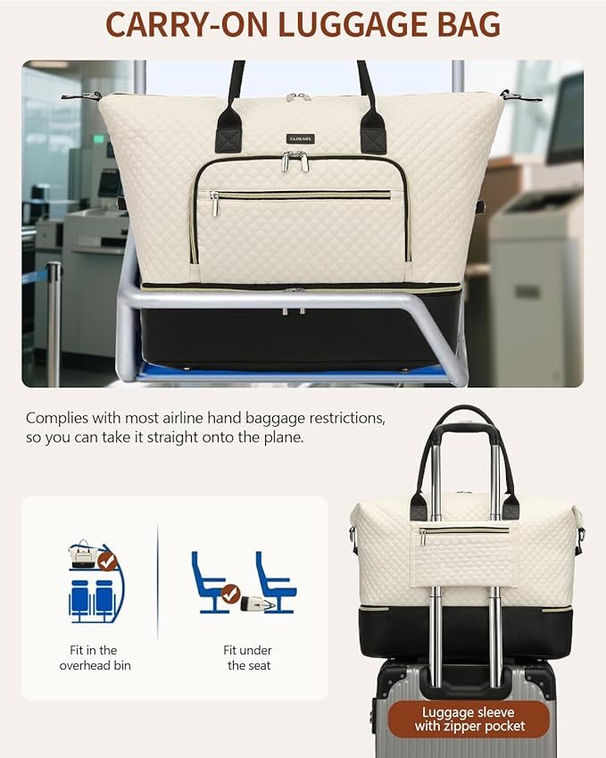 Duffle Bag for Women Travel, Weekender Bag Overnight Bag with Shoe Compartment, Carry on Bag with Crossbody Purse for Over Night, Weekend, Yoga, Gym, Business Trips, Hospital, White Black