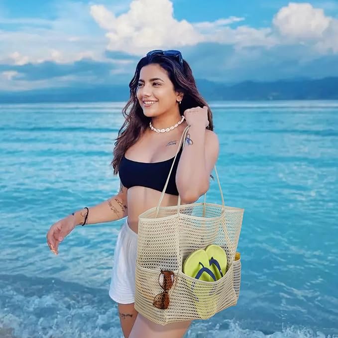 Tainehs Beach Bag - Mesh Tote Bag Beach Vacation Clothes for Women Pool Bag for Travel Pool Family Cruise Essentials 2026