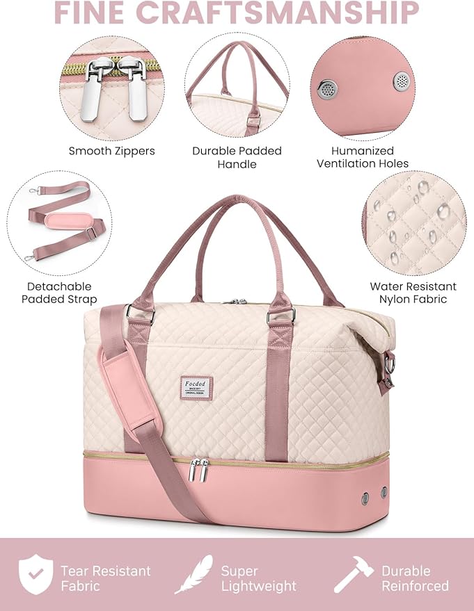 Travel Weekender Duffle Bags for Women: Overnight Bags with Shoe Compartment Large Carry on Weekend Bag with Toiletry Bag & Wet Pocket Tote Duffel Hospital Bag for Women Labor Delivery Beige Pink