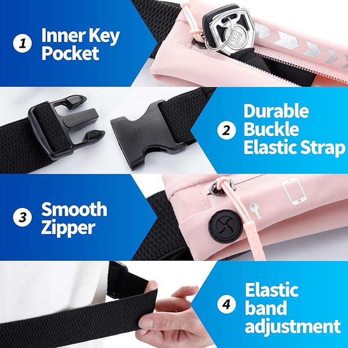USHAKE Slim Running Belt for Women Men-Runners Phone Holder Fanny Pack, Adjustable, Bounce Free Waist Pouch bag for Workout, Money Belt, Run Gear Accessories Pink
