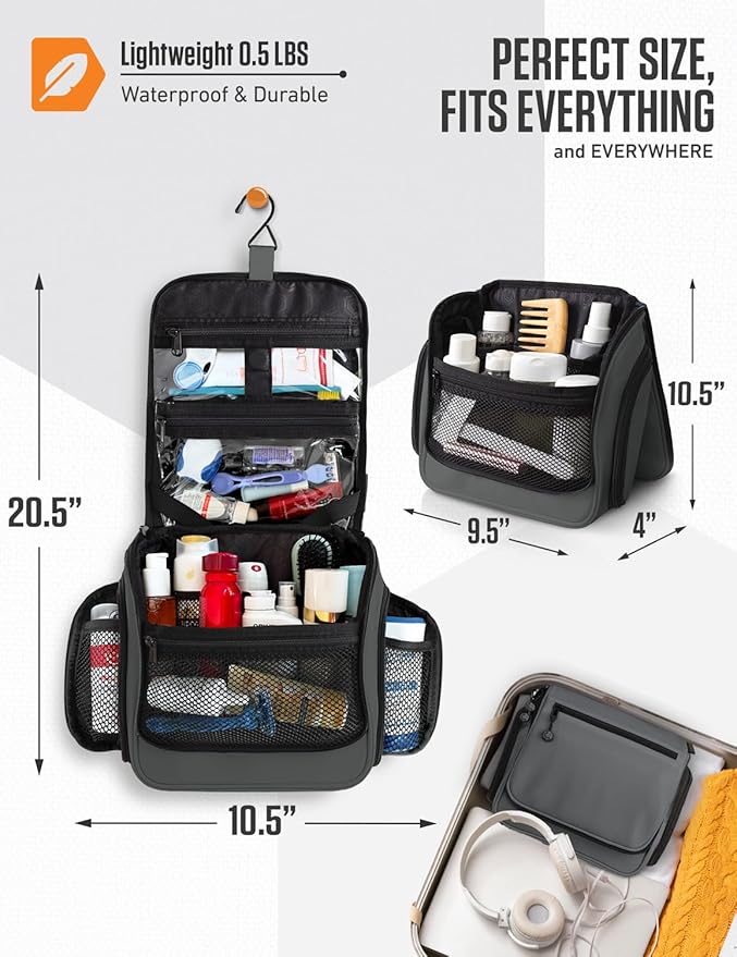 VENTURE 4TH Hanging Travel Toiletry Bag for Women & Men – Large Toiletry Organizer with 18 Compartments, Removable TSA Pouch, Travel Wash Bag for Toiletries, Makeup & Shaving Kit (Gray)