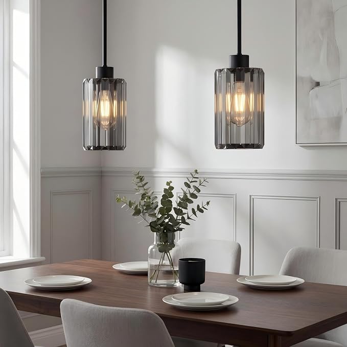 Modern Clear Fluted Glass Pendant Light 2 Pack - Thick Ribbed Glass with Soft Glow, Adjustable E26 Hanging Lamp for Kitchen Island & Dining Room