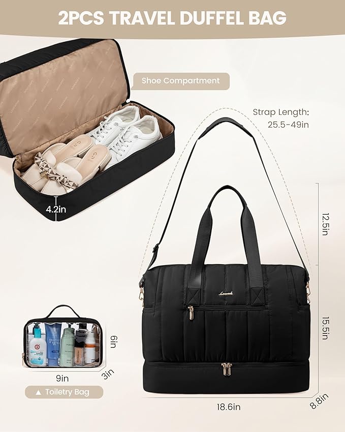 LOVEVOOK Travel Duffle Bag,Puffer Weekender Bags For Women with Shoe Compartment,42L Carry On Duffel Bags For Airplanes,Hospital Bag for Labor and Delivery,Overnight Bag With Toiltry Bag,2Pcs Set