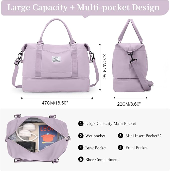 Weekender Bags for Women,Carry On Overnight Travel Duffel Personal Item Bag with Shoes Compartment & Grid Toiletry Bag,Large,Purple