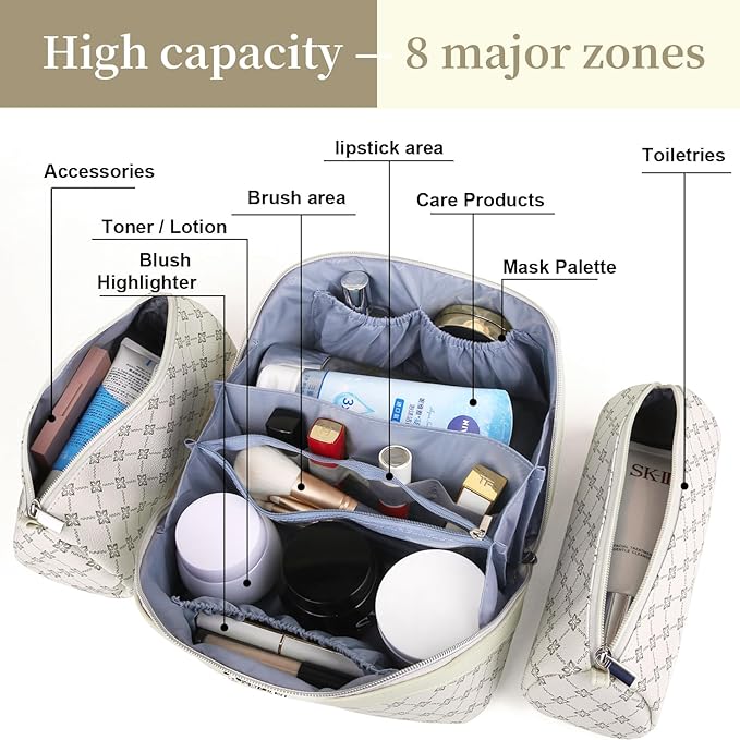 BOYATU Travel Makeup Bag Cosmetic Bags for Women: 3 Pcs Set Large Capacity Make up Bag with Handle - Vegan Leather Toiletry Bags with Compartments - Makeup Organizer for Travel Essentials(A-8-White)