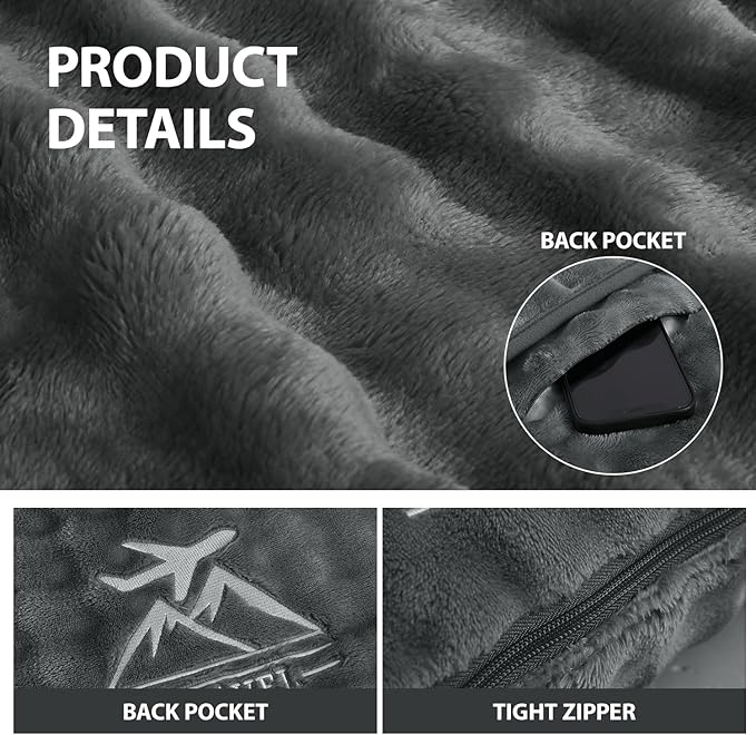 Travel Blanket and Pillow-2-in-1, Ultra-Soft&Compact, Airplane Blanket with Hand Luggage Belt and Backpack Clip,Travelers Accessories Gifts, 61x43 Inches（Dark Gray）