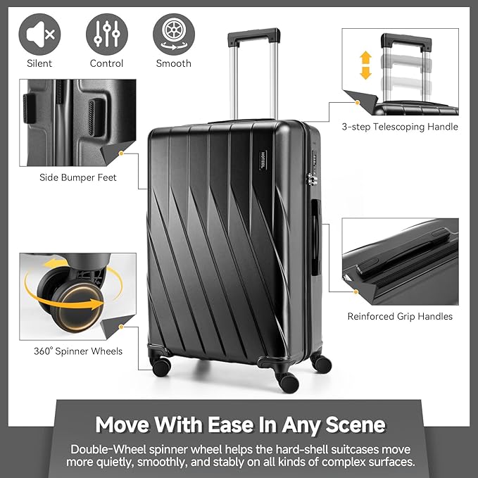 Hoteel Luggage Sets 3 Piece PC Hardside, 4-Year Warranty, Luggage Set with Spinner Wheels, TSA Lock, YKK Zipper, Lightweight Carry on Luggage, 20" Suitcase with Fitness Duffel & Organizer, Black