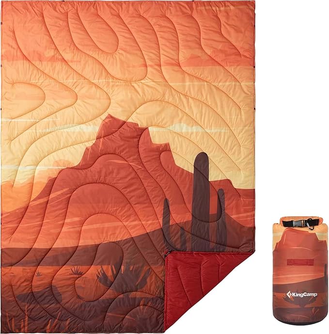 KingCamp Ultralight Camping Blanket, Packable Down Alternative Puffy Printed Wearable Blanket with Snap Buttons & Corner Loops Weatherproof Quilt for Outdoor Travel Stadium (78.7" x 57.1", Cactus)