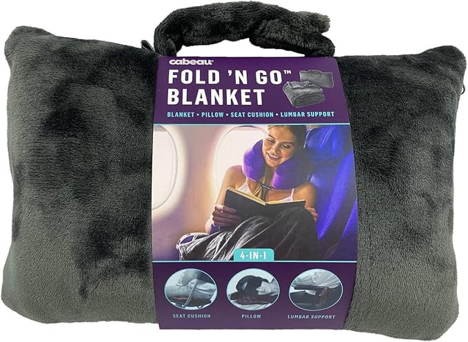 Cabeau Fold ‘n Go Travel and Throw Blanket Plus Compact Case - for Home and Travel - Doubles as Lumbar Pillow and Neck Support Pillow - French Microfiber Comfort - Charcoal