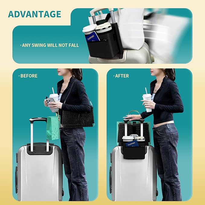 Travel Luggage Cup Holder, Liveagain Drink Caddy, Luggage Cup Holder Attachment, Free Hand Suitcase Drink Carrier for Drinks Beverages, Coffee, Bottles, Snack (Black)