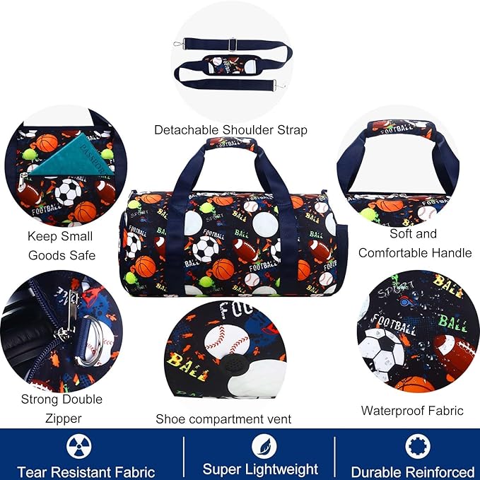 Gym Travel Duffle Bag for Boys - Gymnastics Sports Dance Bag with Shoe Compartment & Wet Pocket Football Kids Travel Bag Teens Weekender Sleepover Carry