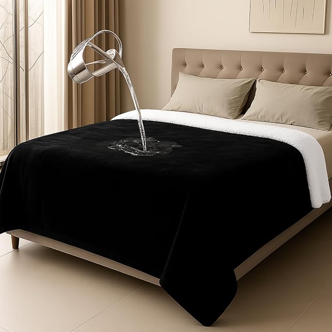Waterproof Blanket and Stain Proof, Queen Size 80'' x 60'' Double Side Leakproof Reversible Sherpa Flannel Fleece 3 Layer Lightweight Black Blanket, Absorbs 50oz