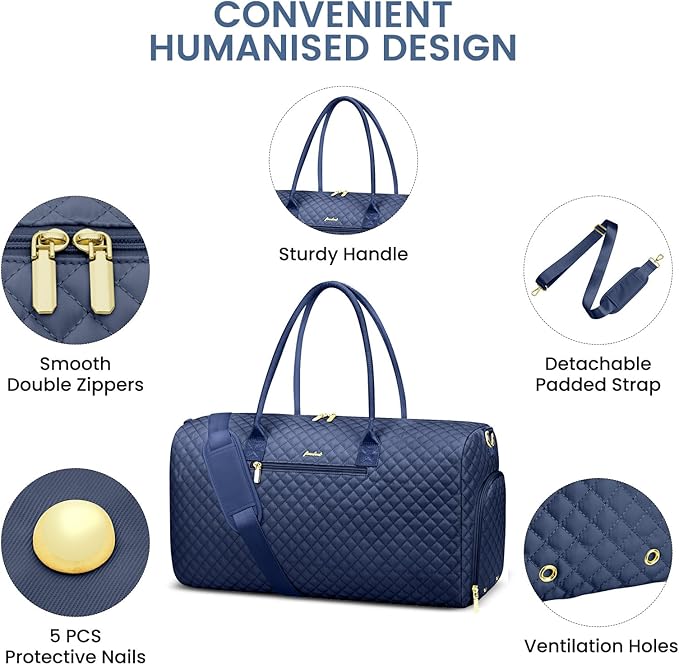 Women Weekender Travel Duffle Bag: Travel Duffel Overnight Bags with Shoe Compartment Large Carry on Tote with Toiletry Bag Weekend Traveling Yoga Gym Hospital Bag for Women with Wet Pocket Blue
