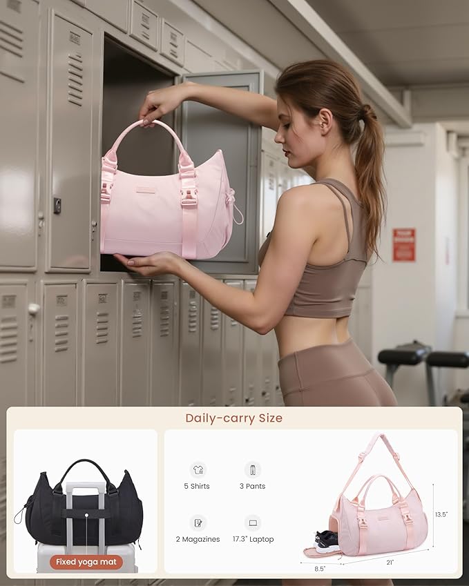 LOVEVOOK Gym Bag for Women Men, duffle bag for travel with shoe compartment, Small Gym Tote Dry Wet Separation, Multipurpose Weekender Overnight Bag, Lightweight Carry On Bag, Light pink
