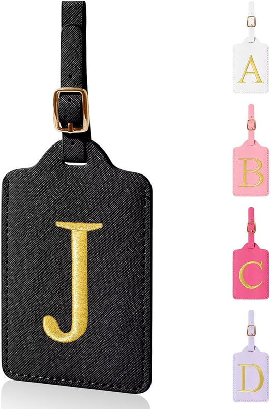 Personalized Initial Luggage Tags for Suitcases,Leather Letter Cute Luggage Tags with Privacy Name Card,Embroidered Monogrammed Travel Bag Backpack Tag Gifts for Women Kids Girls Teens(Black-J)