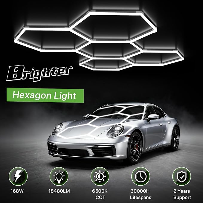 LED Hexagon Garage Lights, 5-Grid 168W 18,480LM 6500K, 100-240VAC | Hex Garage Lights with Honeycomb Design, 110LM/W, RA>80 for Car Detailing, Workshops, and Home Gyms, Quick Easy Installation