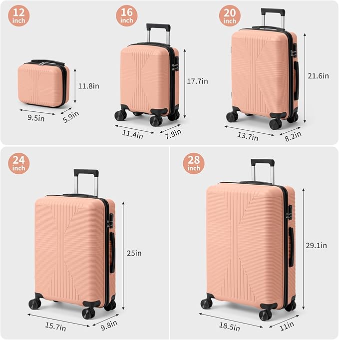Karl home Luggage Sets 4 Piece, PP Hard Case Suitcase Set with Built-in Lock Spinner Wheels, Lightweight Durable Carry on Luggage for Business Travel - Light Pink (16/20/24/28")