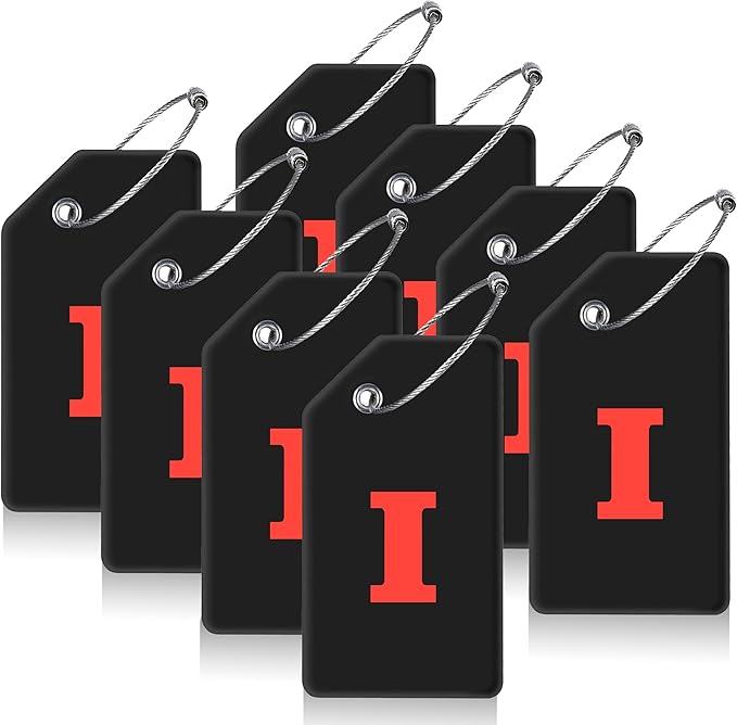 Gostwo 8 Pack Luggage Tags for Suitcases, 26 Initial Letter Travel Luggage Baggage Identification Labels ID Tags Fully Bendable Tags with Stainless Steel Loop (Letter I, Black)