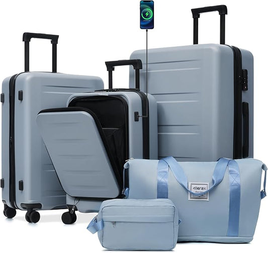 Merax Luggage Sets 5 Piece Front Open, Hardside 20" Carry On Suitcase Set with USB Port,Lightweight Expandable Travel 24" 28" Luggage with Bags TSA Locks Double Spinner Wheels,Blue