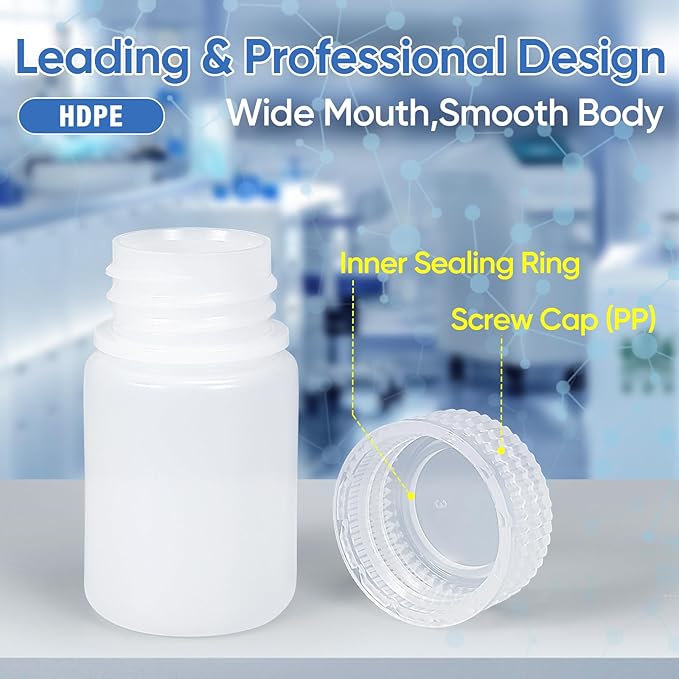 DEMORA 1 oz Small Plastic Bottles with Caps, Airtight Refillable Wide Mouth Travel Bottles for Toiletries, HDPE Food Grade Plastic Containers for Liquids Pill Sample Lab Reagent (Translucent, 4 Pcs)