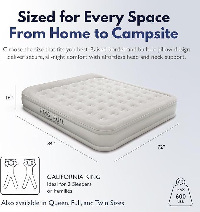 King Koil Luxury California King Air Mattress with Built-in Pump for Home, Camping & Guests - King Size Inflatable Airbed Luxury Double High Adjustable Blow Up Mattress, Durable Waterproof