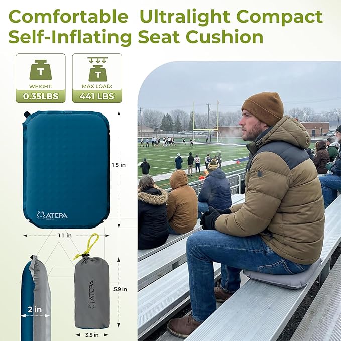 ATEPA Inflatable Seat Cushion, Self-Inflating Portable Stadium Airplane Travel Foam Cushion Pad for Camping, Sports Events, Outdoor