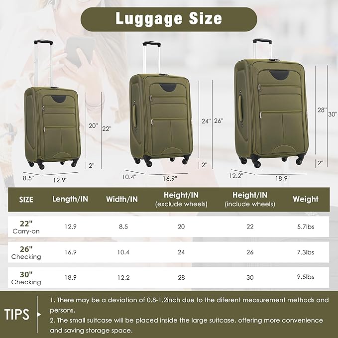 3 Piece Softshell Expandable Luggage Sets, Lightweight Travel Suitcase Set with TSA Lock and 360°Swivel Spinner Wheels, Durable Softside Luggage for Men Women, 22 in/26 in/30 in, Army Green